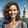 Mulher brasileira com cabelos levemente cacheados, sorrindo na frente da Estátua da Liberdade, simbolizando alegria e confiança após aprender a falar inglês