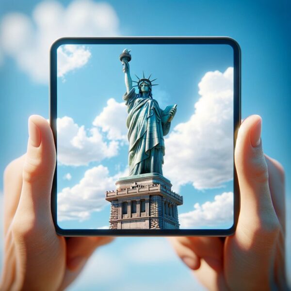 Imagem ultra-realista da Estátua da Liberdade contra um céu azul claro, destacando sua grandiosidade e importância histórica